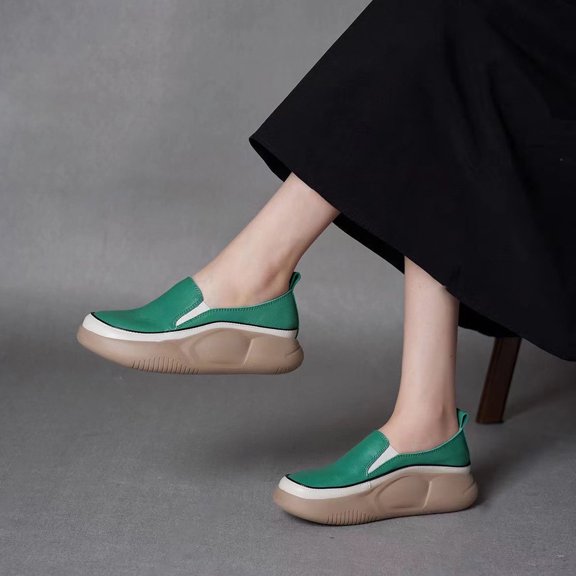Weloille New Casual Loafers Women's Thick Bottom One Foot Stirrup Maternity Shoes Soft Leather Retro Single Shoes Women's Shoes Casual Shoes