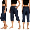 thumbnail image 2 of Felirenzacia Women's Capris Leggings, Faux Denim Stretchy Straight Leg Short Athletic Pants, Dark Blue,S, 2 of 10