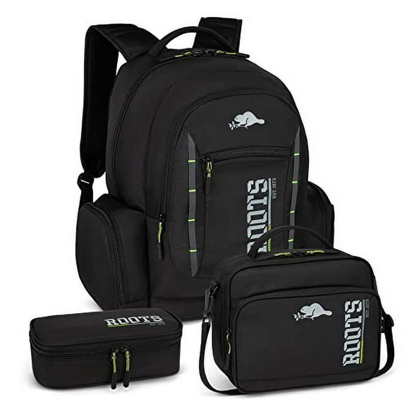 Roots 2023 Original 3-in-1 Matching Water Resistant Backpack and Lunch Bag Set with Bonus Pencil Case - Made from 100% Recycled Fabrics -33 litres, Black Lime, Large