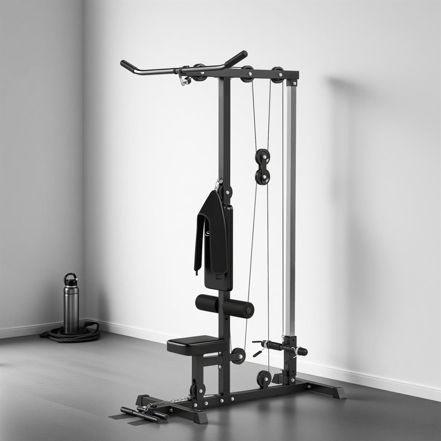 Demifill Adjustable Lat Pulldown Machine - Black, High/Low Pulley System, Flip-Up Footplate & Seat