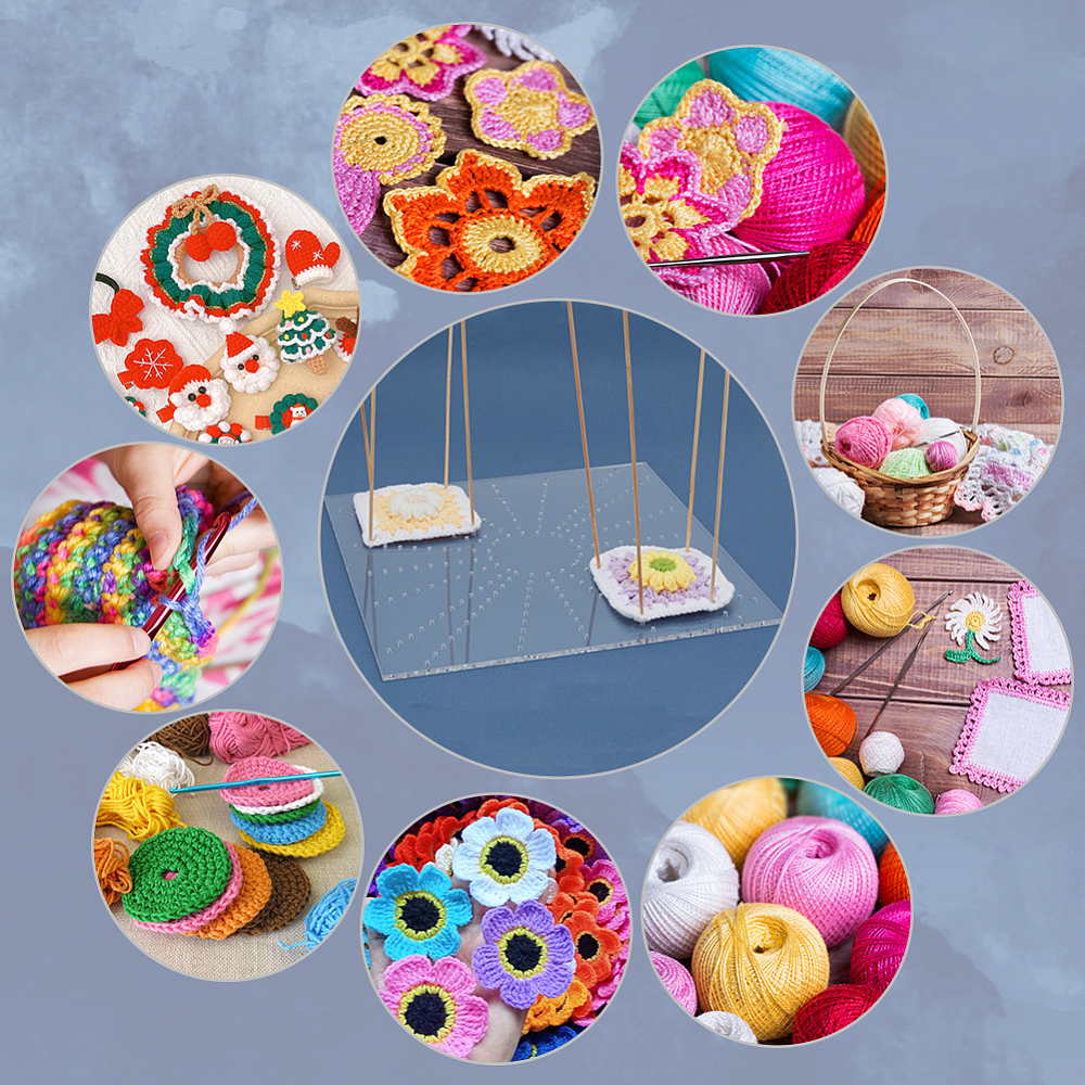 Square Acrylic Crochet Blocking Board Knitting Loom with Stainless Steel Pin for Making Cushions Scarves Hats Headbands Shawl Clear DIY