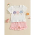 thumbnail image 4 of BemeyourBBs Toddler Baby Girl Summer Clothes Infant Baby Girls 2 Pieces Outfit Ice Cream Embroidery Short Sleeve T Shirt Tops Plaid Print Ruffled Shorts Set, 4 of 8