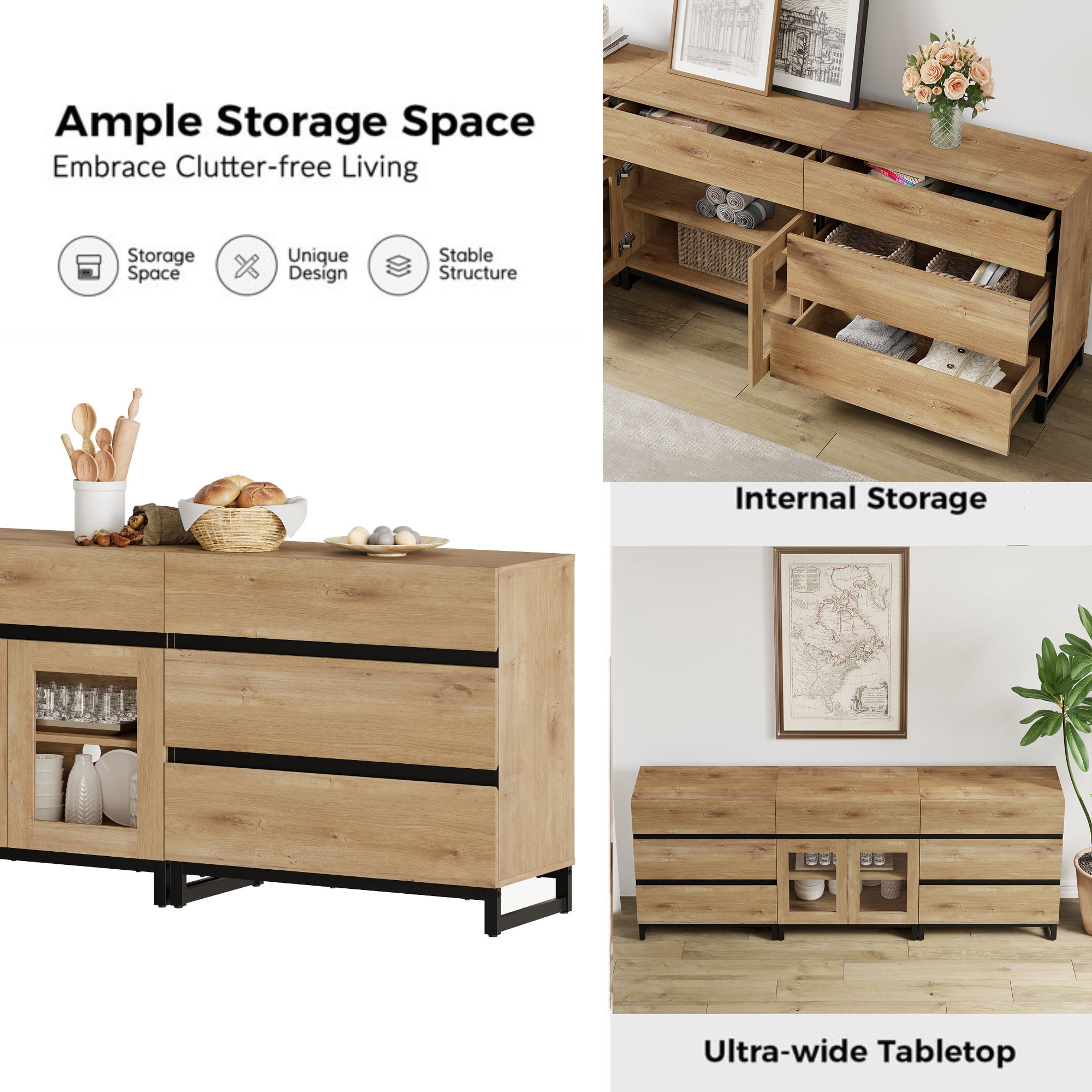 3 In 1 Dresser with Glass Doors & 7 Drawers, Modern Storage Chest with Adjustable Shelf and Metal Base, Multi-purpose Bedroom Closet Organizer Cabinet,Oak