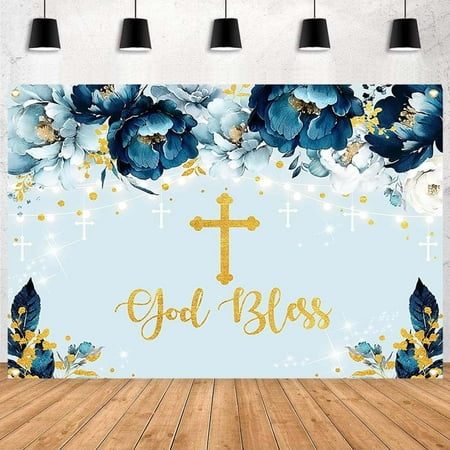 God Bless Backdrop for Boy First Communion Baptism Christening Decorations Blue Floral God Bless Newborn Baby Shower Party Supplies Banner Mi Bautizo Baptism Backdrop