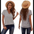 thumbnail image 3 of Camiseta de Corta para Mujer, Cuello en V, Ribete de Encaje Floral, Corte Clásico, Color Liso, Informal, Parte Inferior Gris XL, 3 of 7