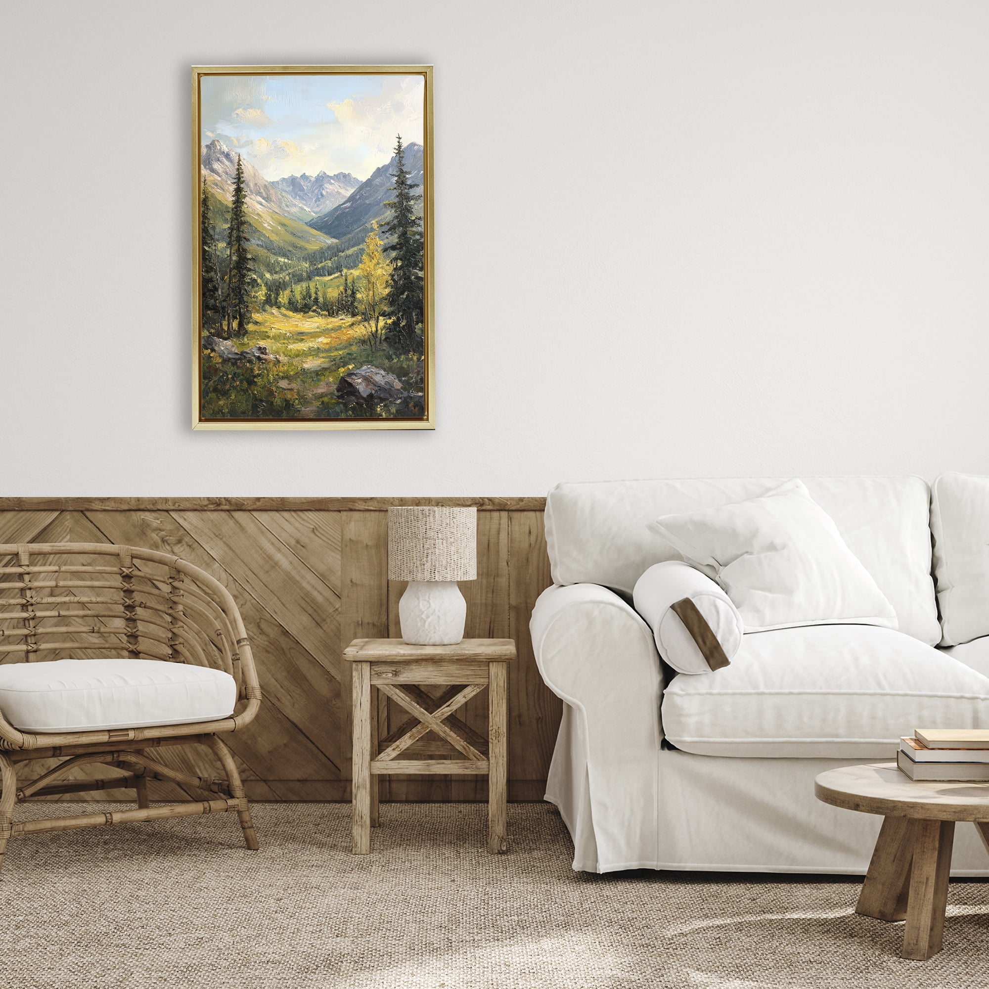 Stupell Industries Mountain Refuge in Golden Valley Gold Framed Floater Canvas Wall Art, design by Petal Prints Design