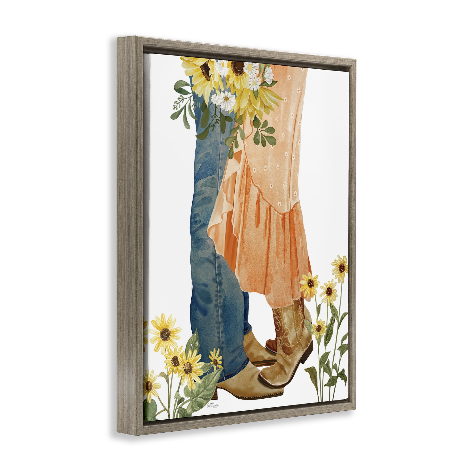 Stupell Industries Floral Western Couple Novelty Painting Brown Floater Framed Canvas Art Print Wall Art, 17 x 21