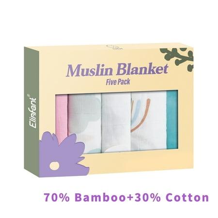 Elinfant Bamboo Cotton Muslin Bib Burp Cloth 5pcs Gift Set 100% Cotton 60*60cm 2 Layers Baby Scarf Handkerchief 60X60cm KB006-MB04