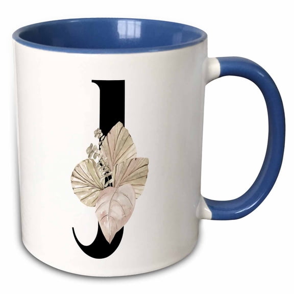 3drose, Pretty Tropical Leaf Monogram Initial J, 15oz Two-tone Blue Mug