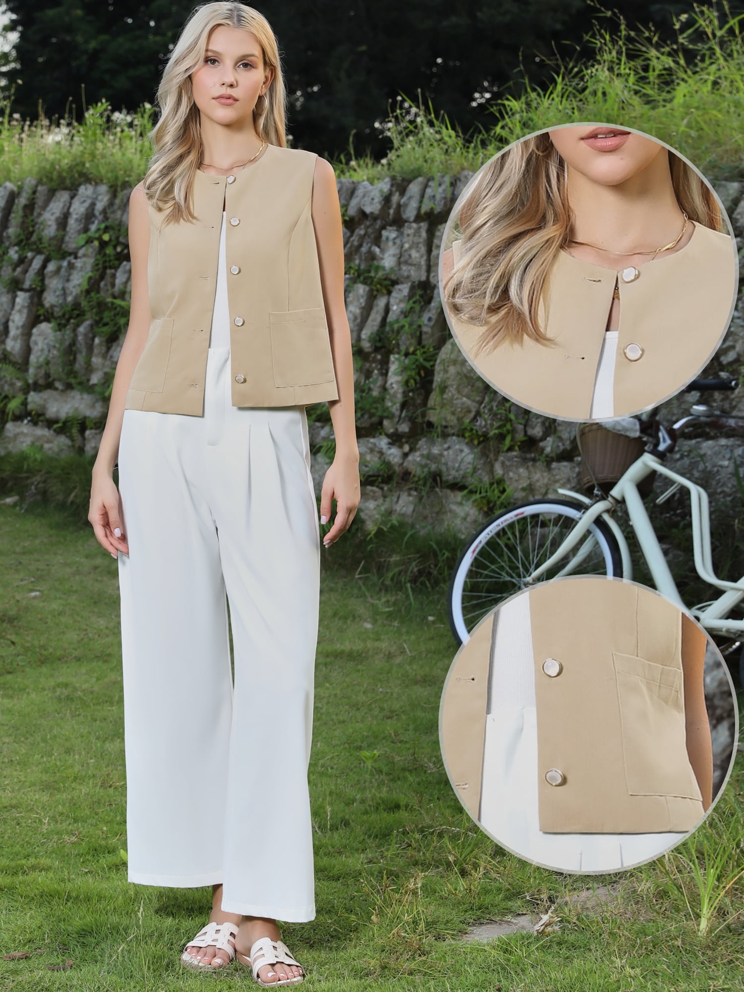 DARING DIVA Women's Sleeveless Button Down Loose Fit Waistcoat Top XS Khaki