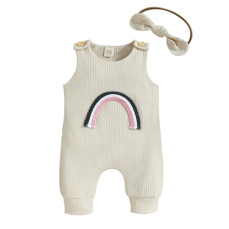 

Grianlook Infant Bodysuit Buttons Jumpsuit Crew Neck Coverall Newborn Casual Romper Sleeveless Rainbow Print Apricot 90