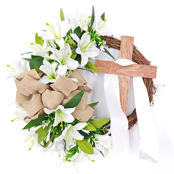 CSSAD Easter Wreath for Front Door, 18in Easter Wreath with Cross Burlap Bow Easter Cross Lily Wreath Cross Rustic Religious Decor Easter Decorations Wedding Floral Pastel Outside Hanging