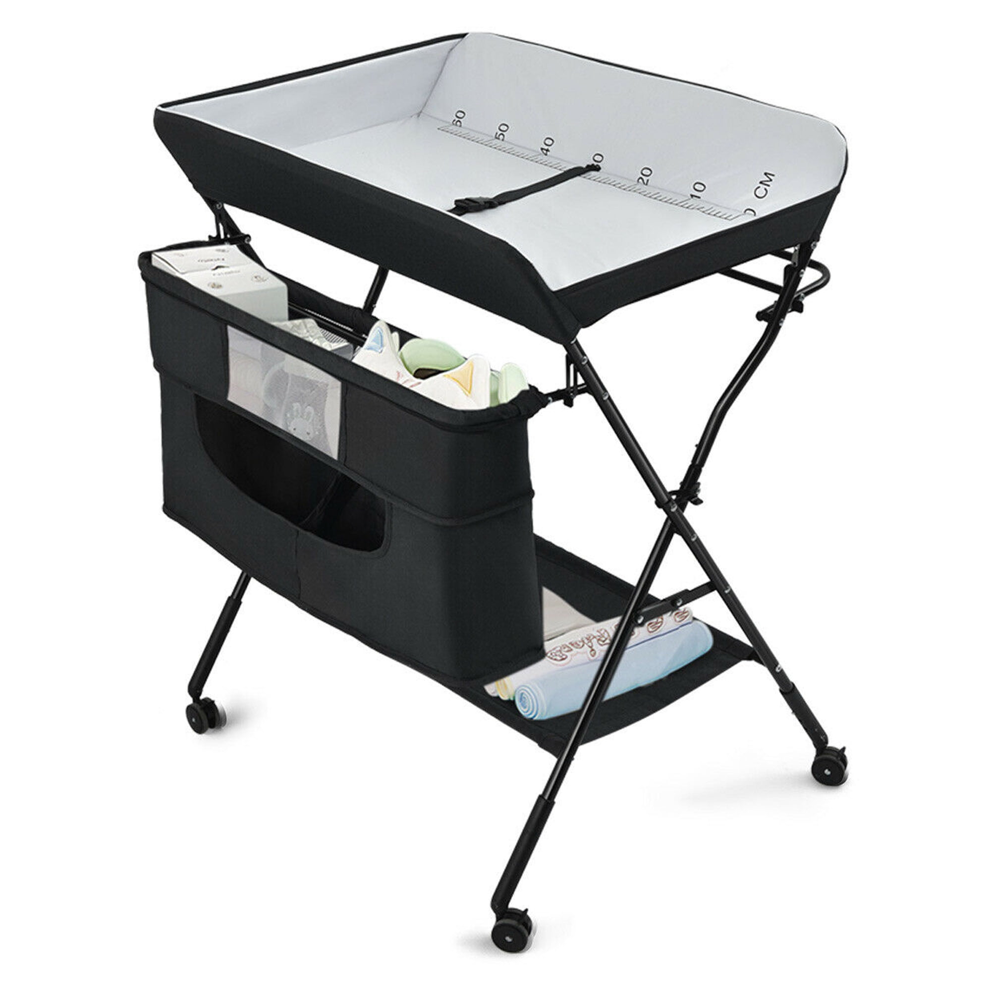 Black Baby Changing Table Foldable Infant Care Station with Wheels Mobile Newborn Massage Table Space-Saving Dresser Diaper Organizer