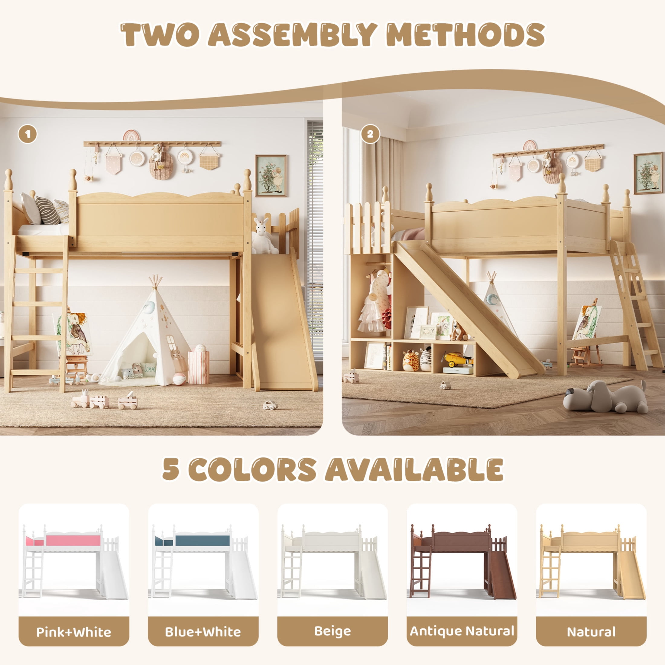 Noble House Full Loft Bed with Storage Shelves, Detachable Slide and Ladder, Natural