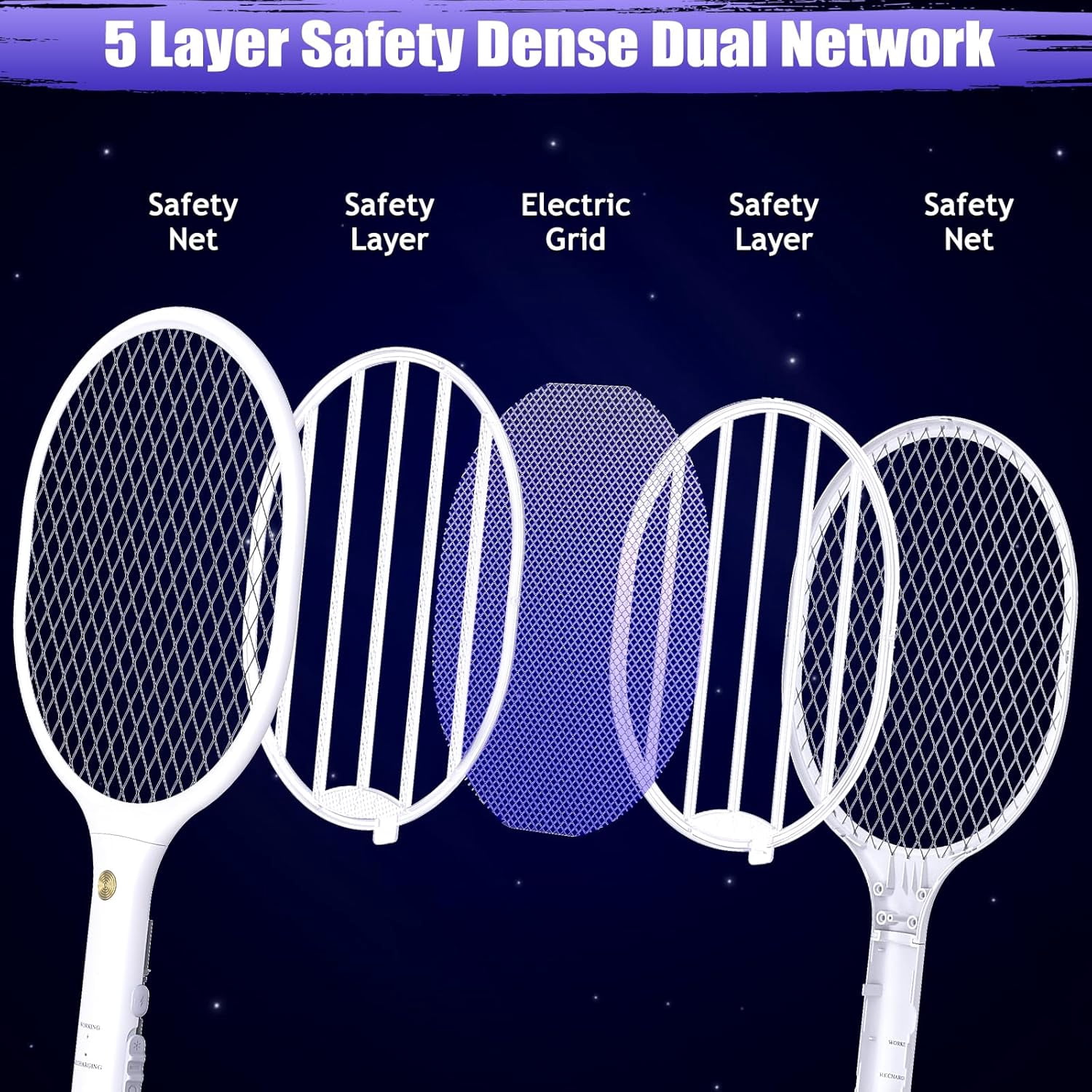 2 PCS 3000V Electric Fly Swatter Racket, 2 in 1 Bug Mosquito Killer Zappers USB Rechargeable, 1200mAh Mosquitoes Killer Lamp & Fly Zappers with 3 Layer