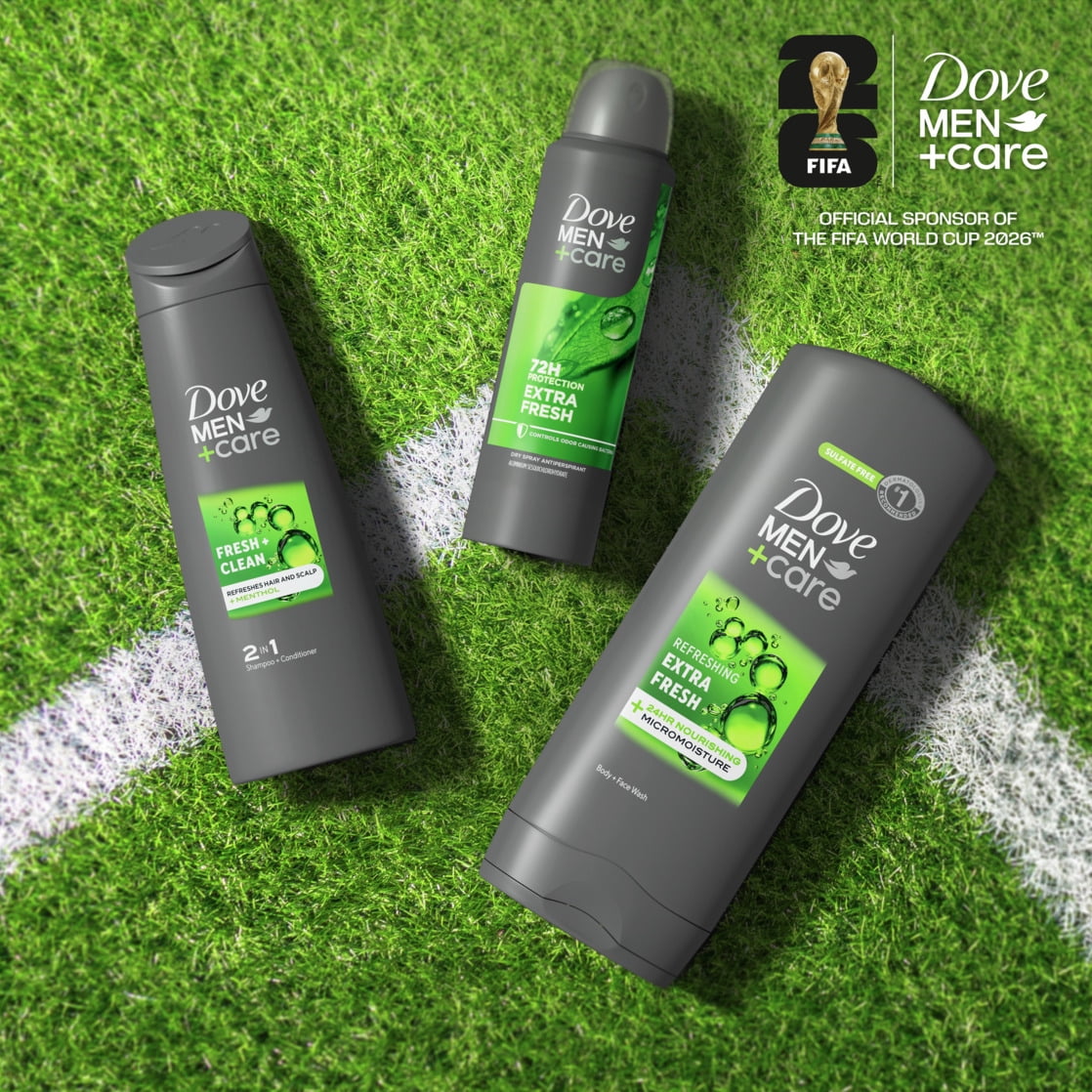 Dove Men+Care Soccer Themed Holiday Gift Set Extra Fresh Body Wash, Antiperspirant Deodorant Spray & 2-in-1 Shampoo and Conditioner, 3 Count