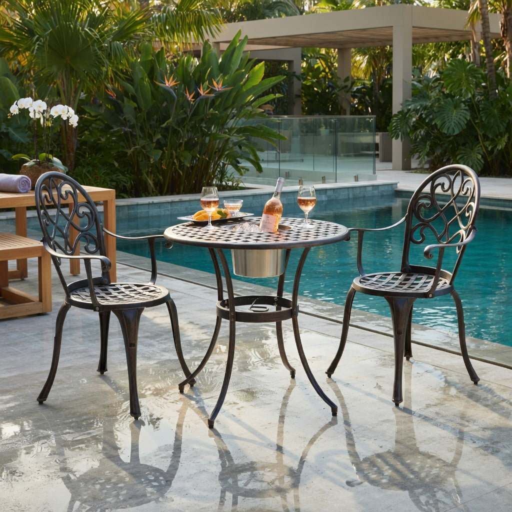 Hommoo 3-Piece Outdoor Bistro Set with Removable Stainless Steel Ice Bucket, Cast Aluminum Patio Table & Chairs for Backyard, Balcony, Poolside, Antique Bronze