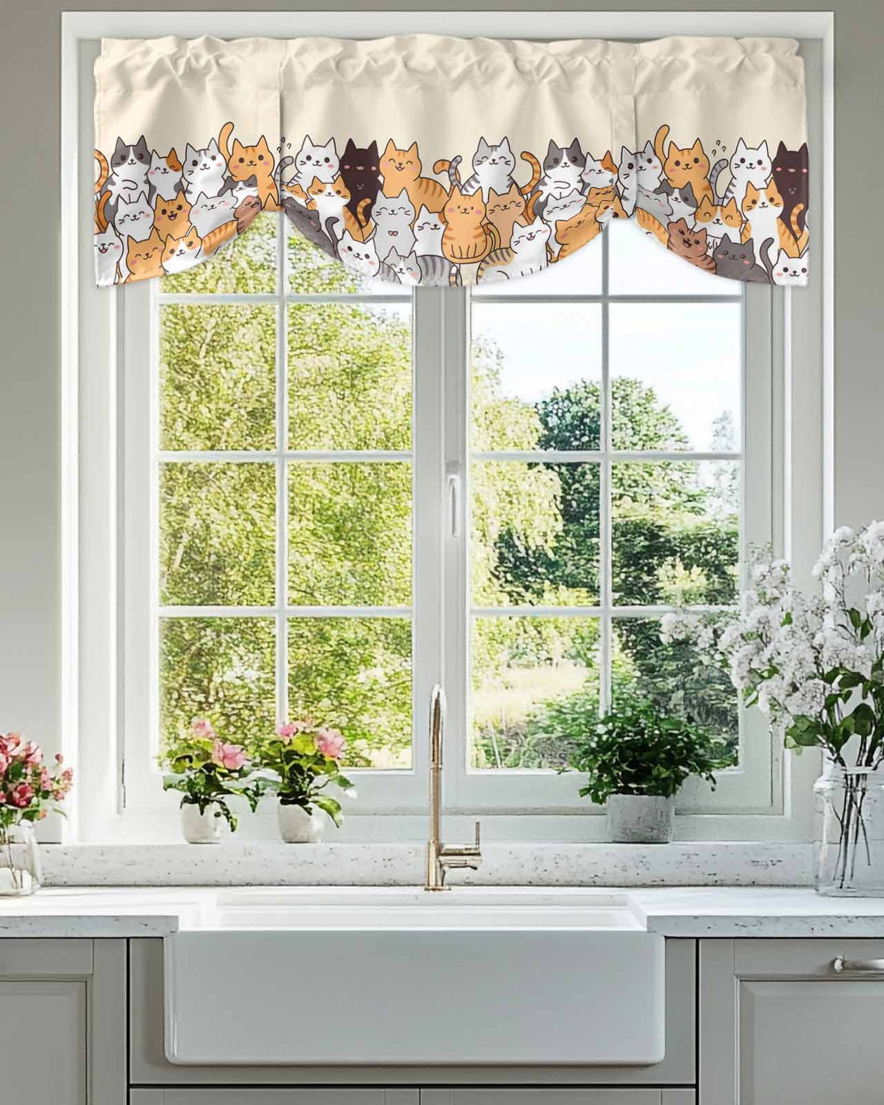 Cartoon Cat Tie Up Valances Curtain, Adjustable Kitchen Cute Kitten Valances for Windows Decor, Rod Pocket Short Curtains Set for Bedroom/Bathroom, 60"x18"