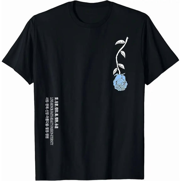 Men's Aesthetic Blue Rose Floral Graphic Cotton Short Sleeve T-Shirt