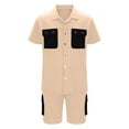 thumbnail image 5 of VBTAPA Men's 2 Piece Outfits Color Block Fashion Casual Tracksuit Short Sleeve Cotton Shirt and Shorts Set Summer Hipster Streetwear Limited Time Sales Beige S, 5 of 7