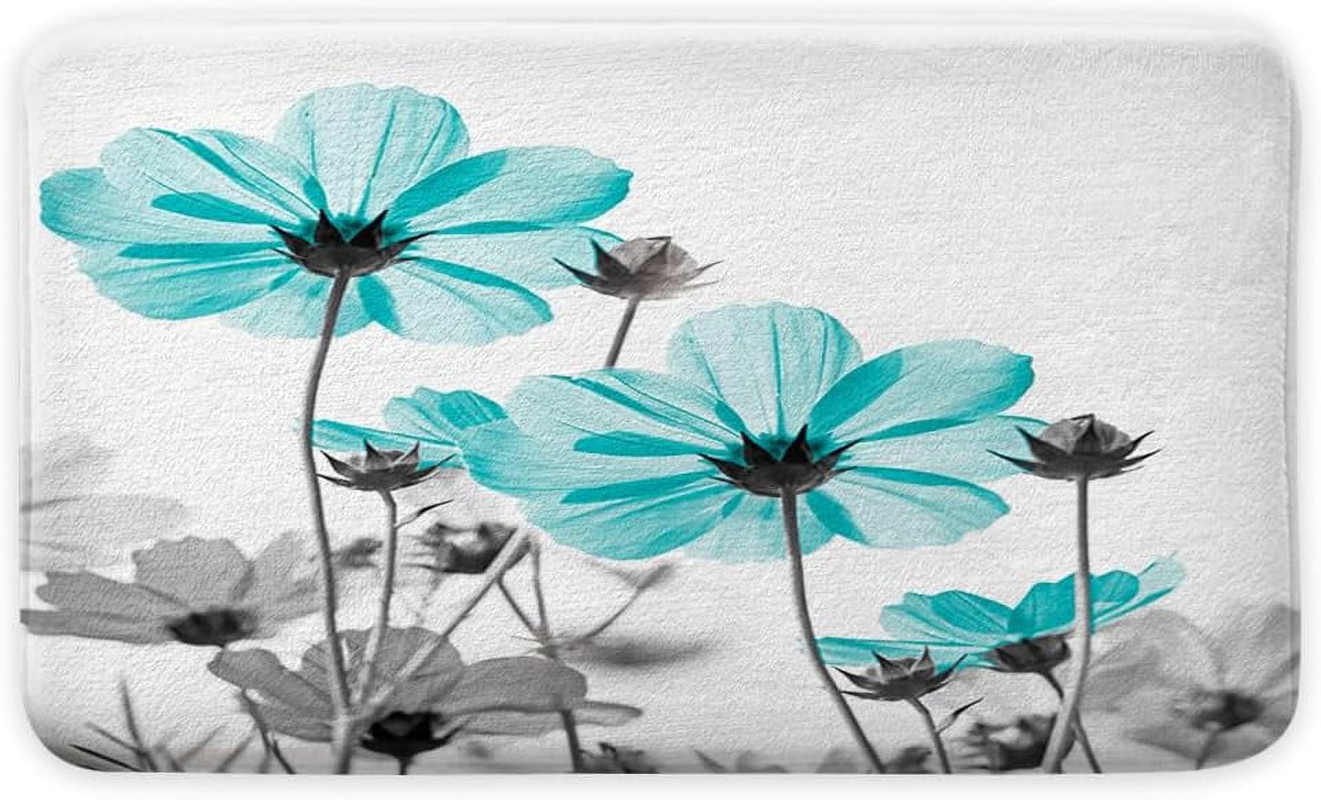 Teal and Gray Daisy Flower Floral Bath Mat for Bathroom Decor, Elegant Wildflower Design Farmhouse Bathroom Rugs, 17X48in