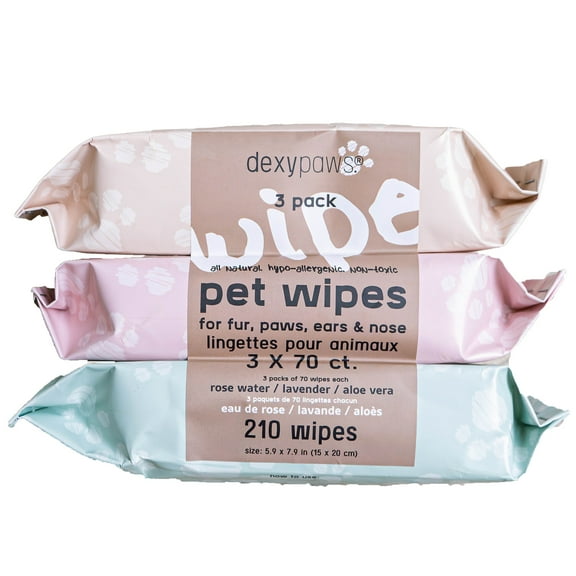 Dexypaws: Pet Cleansing Wipes - 3 Packs (70ct each) - Aloe-Lavender-Rose Water - Wet Wipes For Dogs & Cats, Fur-Paws-Face, Natural Pet Safe Grooming