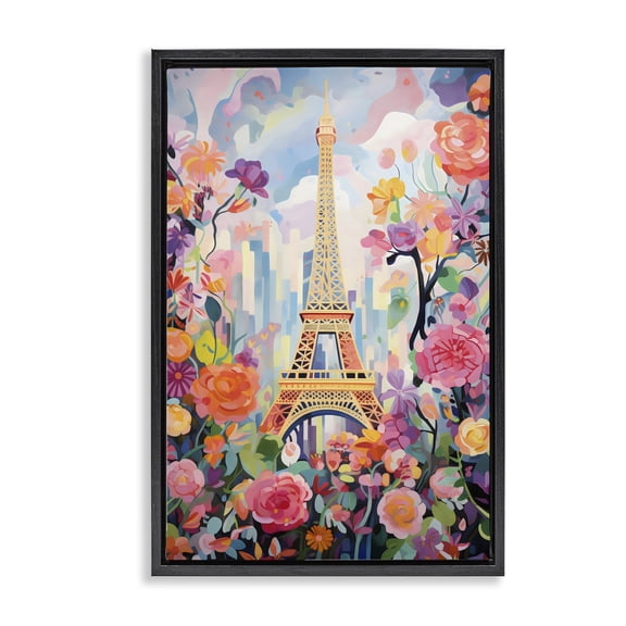 Stupell Industries Modern Eiffel Tower Surrounded By Florals Black Floating Frame Canvas Art, 17 x 25, by Creative Studio