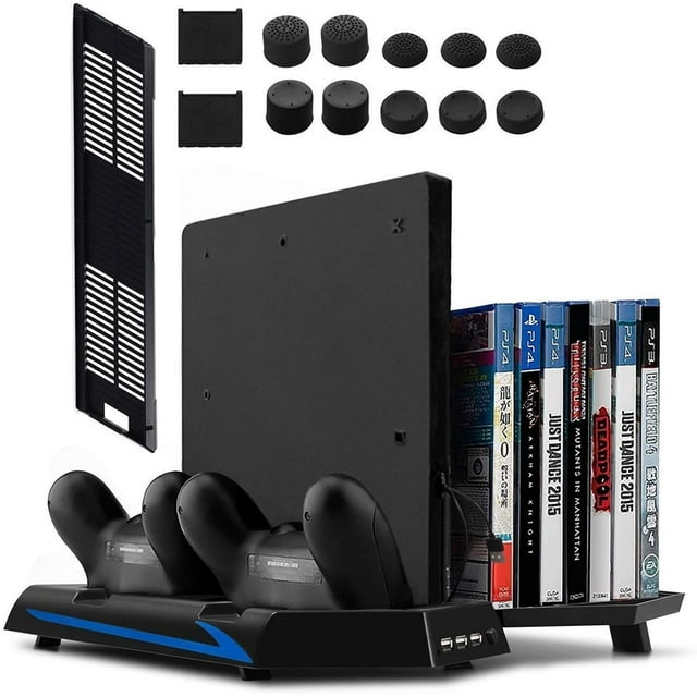 Ps4 / Ps4 Slim Vertical Stand With Built-In Fan, Dual Controller Charging Station, 14 Slots For Game Cases And 3-Port Usb Hub For All Your Ps4 / Ps4 Slim