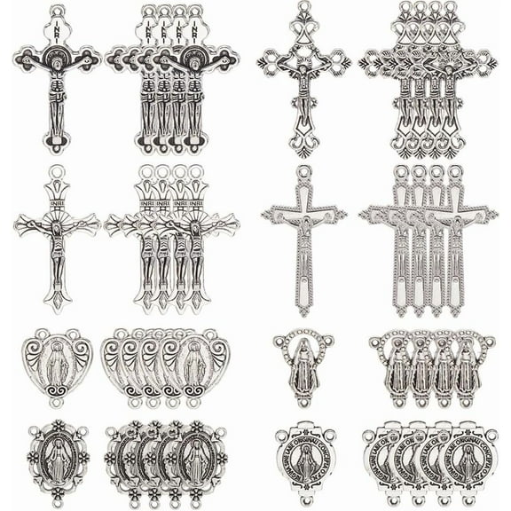 1 Box 48pcs 8 styles Easter Rosary Charms Metal Rosary Crucifix Bulk Assorted Tibetan Style Alloy Silver Chandelier Link Connector Charm Pendants Bulk for Jewelry Making Women Adults Silver