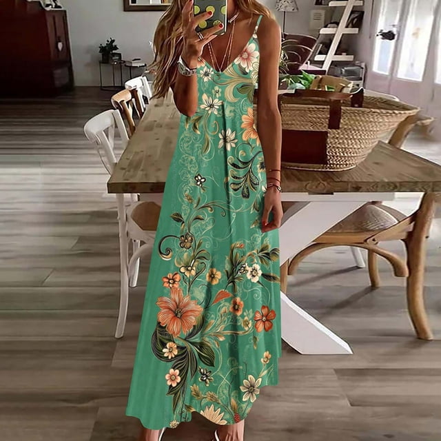 TaTaai Womens Fashion Floral Print Round Neck Sleeveless Maxi Dress Soft Breathable Lightweight Material Casual Daily Holiday Party Outfits Gift
