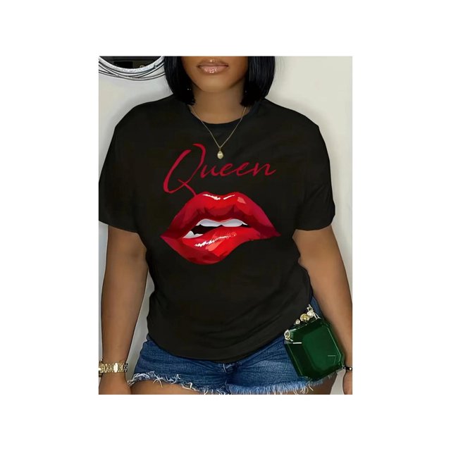 2025 Plus - Size Women's Cotton Short - Sleeve T - Shirt. eye - catching print with 'Queen text and red lips. Machine - washable breathable loose - fitting suitable for all seasons.