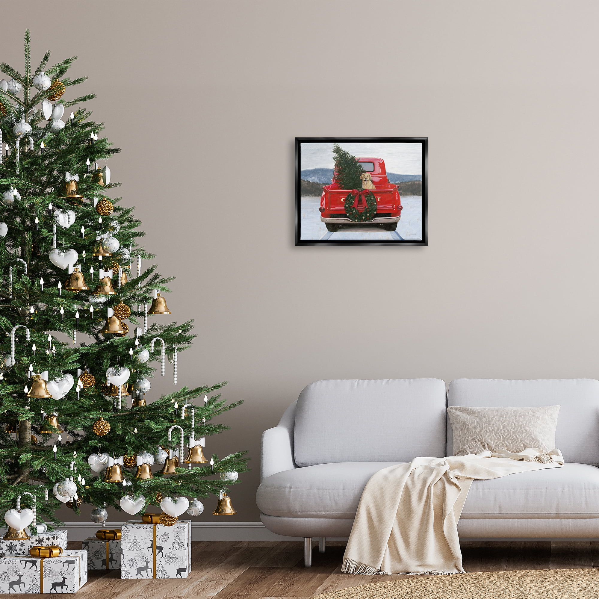 Stupell Industries Holiday Tree in Truck Holiday Painting Black Floater Framed Art Print Wall Art, 21 x 17