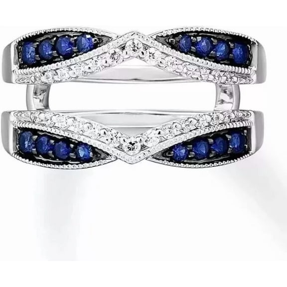 14K White Gold Plated 1.60 Ct Round Cut Blue Sapphire Lab-Created Enhancer Wrap Ring Guard