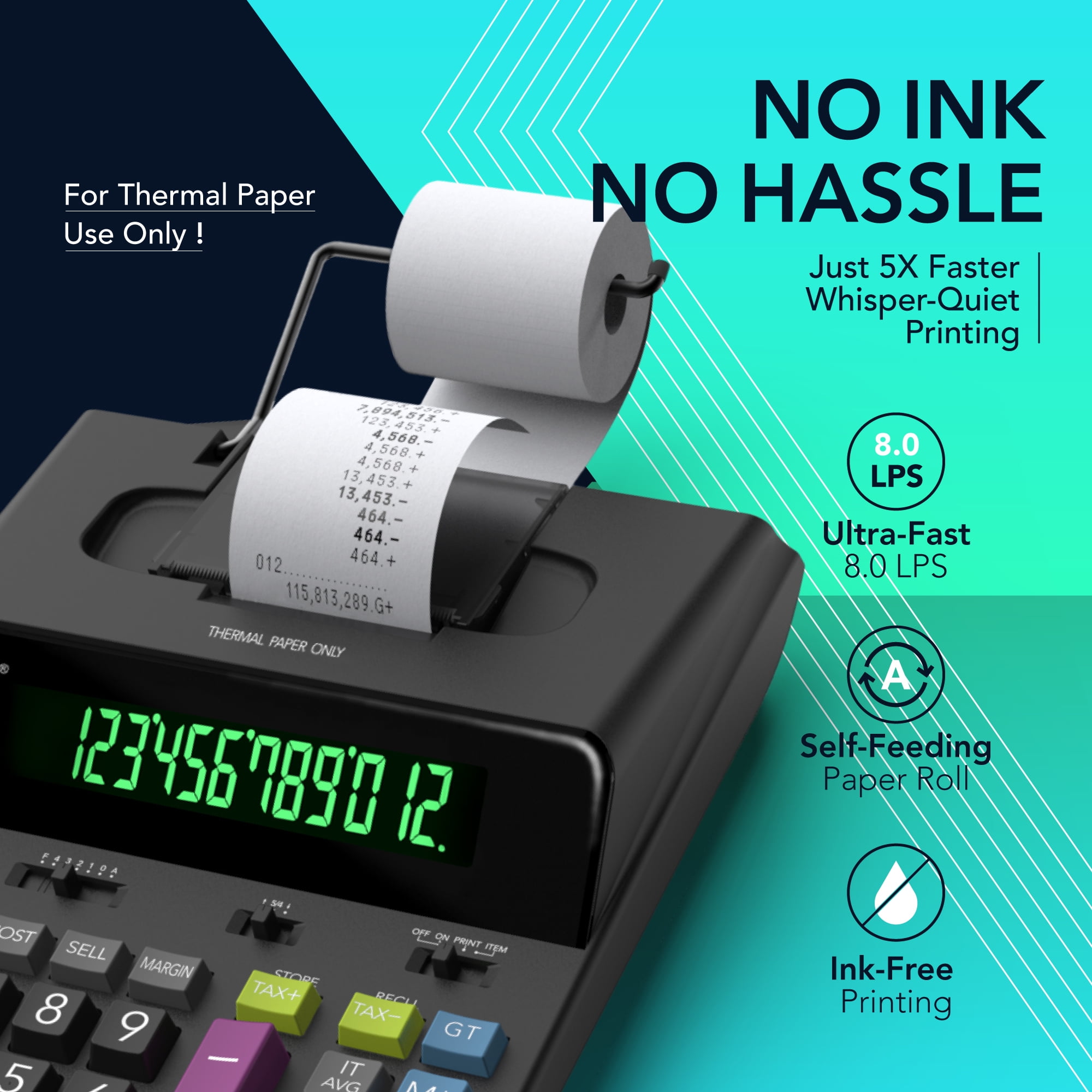 CATIGA 12 Digit Thermal Printing Calculator with Tape Print Out, Ink-Free Adding Machine, 3X Faster Quite at 8.0 LPS, Extra Large Fluorescent Display, Tax Calculation with Clock and Calendar, SP-2401