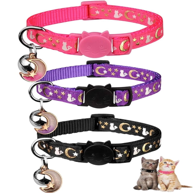 EIGTHTAIL 3PCS Breakaway Cat Collars with Bell Moons Stars Cute Kitty Adjustable Safe Kitten Collars with Pendant Glow in The Dark