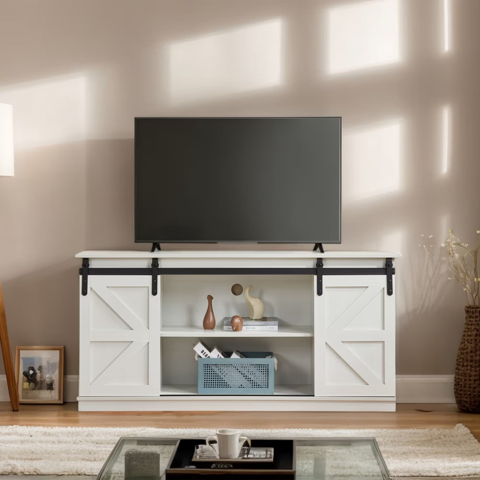 AENKYO Farmhouse TV Stand for TVs up to 65", Sliding Barn Doors, Adjustable Shelves, Cable Management, White