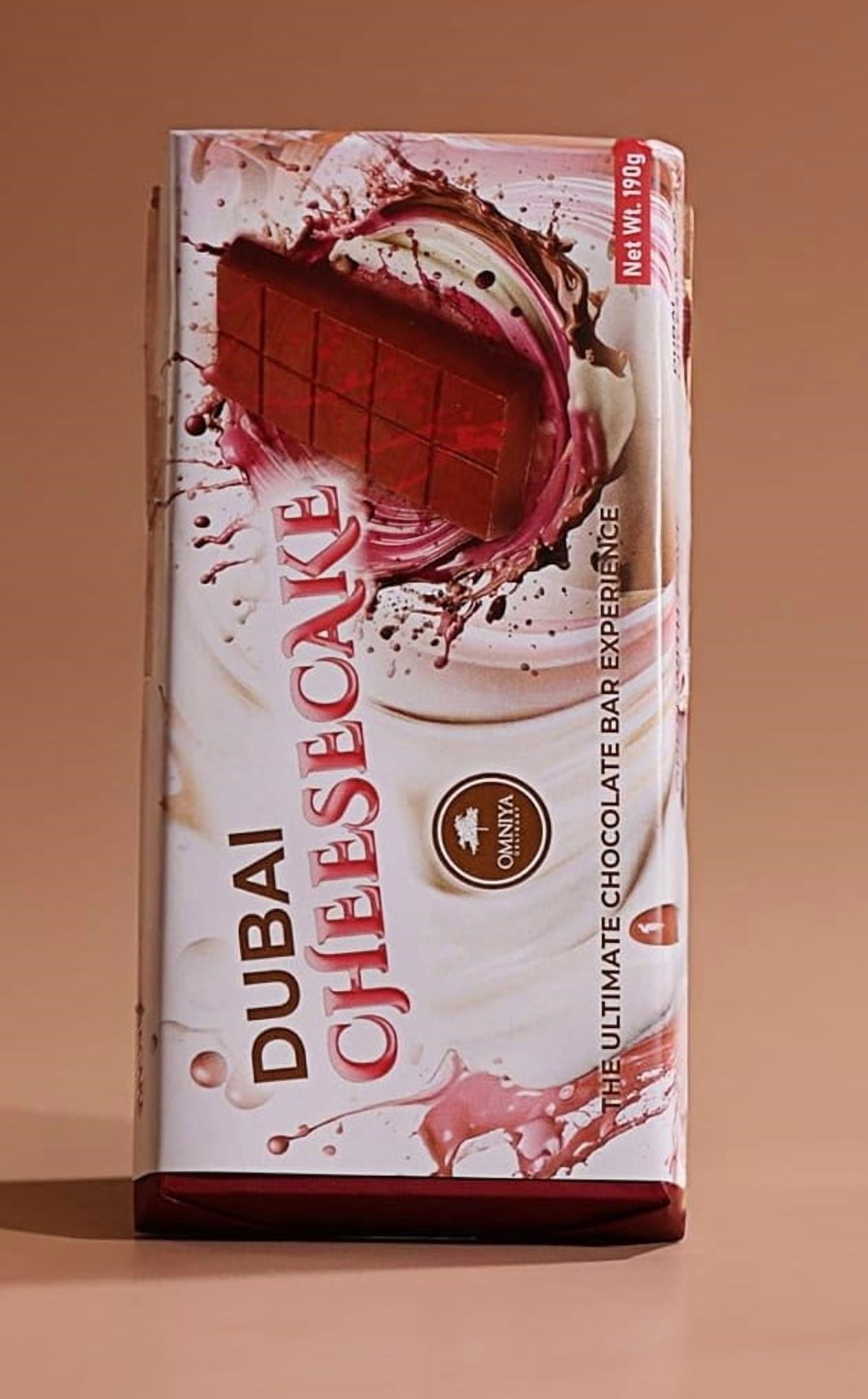 OMNIYA Delicacy Dubai Viral Kunafa Chocolate Bar Strawberry Cheesecake Flavor 190 Gram