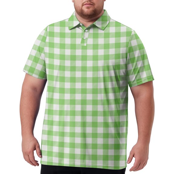 LTTVQM Men's Tough Wear Resistant Polo Top Big & Tall Short Sleeve Plaid Pattern Quick Dry Solid Material Light Green 3XL