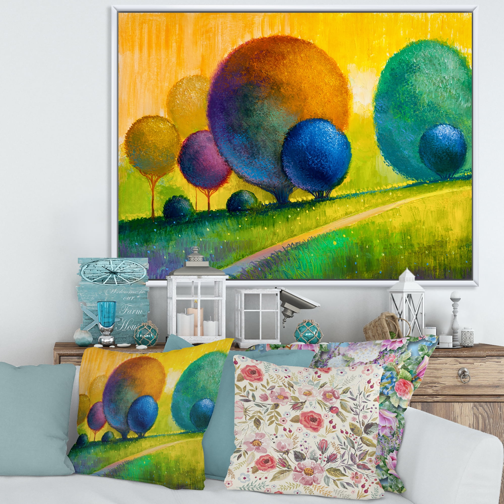 Designart 'Ornamental Colourful Trees III' Modern Framed Canvas Wall Art Print
