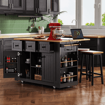 53"Rolling Kitchen Island on Wheels with Drop Leaf , Island Table for Kitchen with Towel and Spice Rack, Kitchen Cart with Storage Cabinet and Drawers for Dining Room
