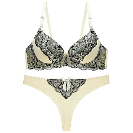 

YYDGH Women s Lace Bra and Thong Set Push Up Underiwre Bras Embroidery Lace Lingerie Set Beige M