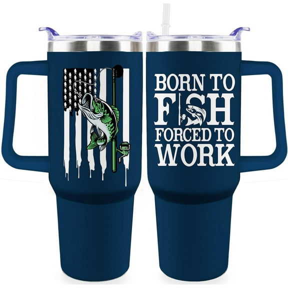 Fishing Tumbler with Handle For Men 40OZ Born to Fish Gift Stainless Steel Cups Insulated Tumblers Fisherman Gifts For Dad Daddy Funny Saying Green Fish White Mugs