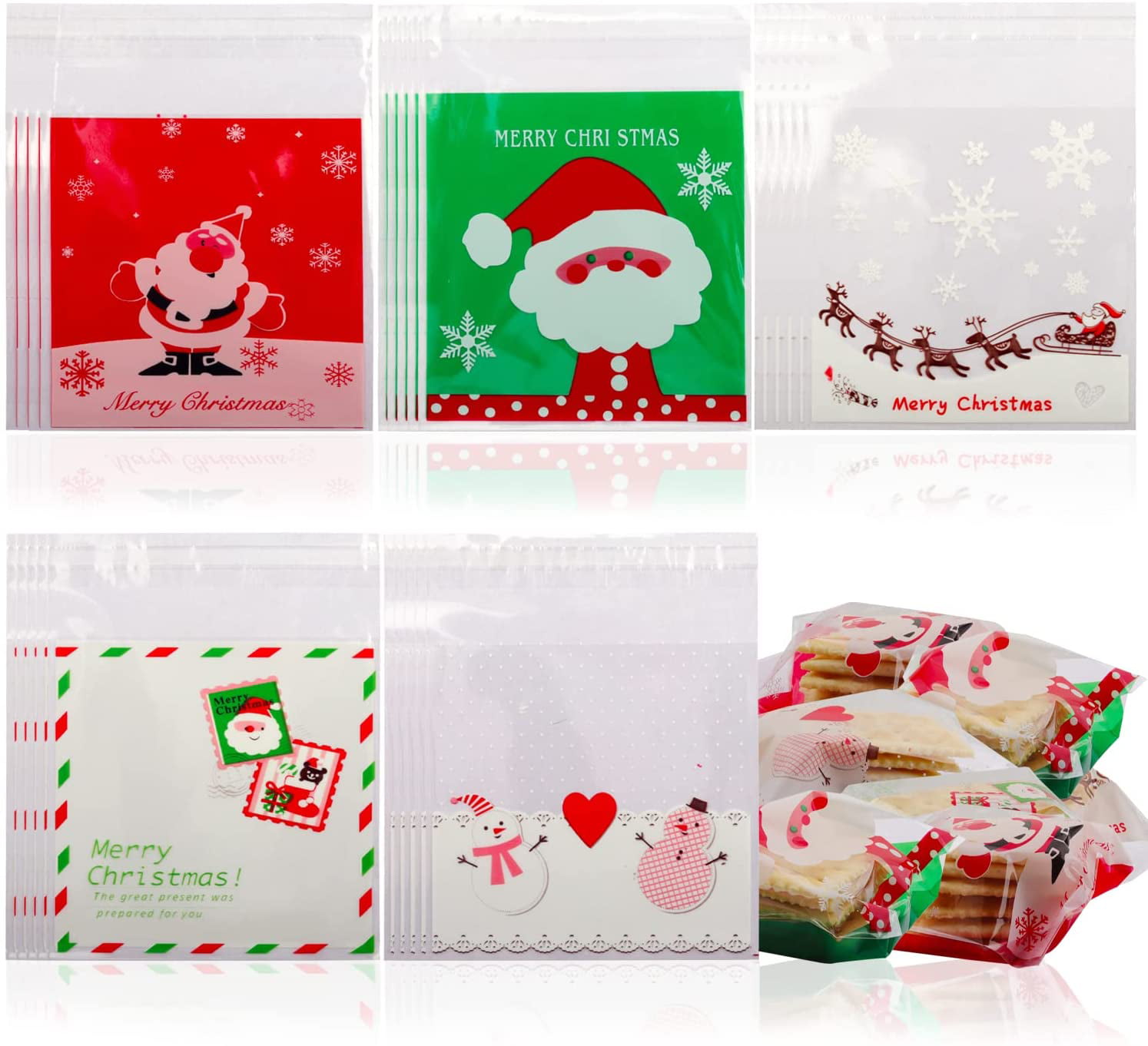merry xmas cello cellophane cookie candy treat bags Peel N Seal party 3 designs 