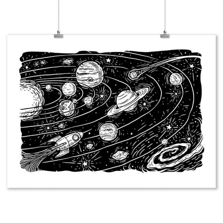 Space Scene - Etching - Lantern Press Artwork (9x12 Art Print, Wall Decor Travel (Office Space Best Scenes)