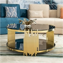 JERFIT Modern Round Coffee Table with Gold Base, 2-Tier Black Tempered Glass Top End Table for Living Room, Sofa, Office