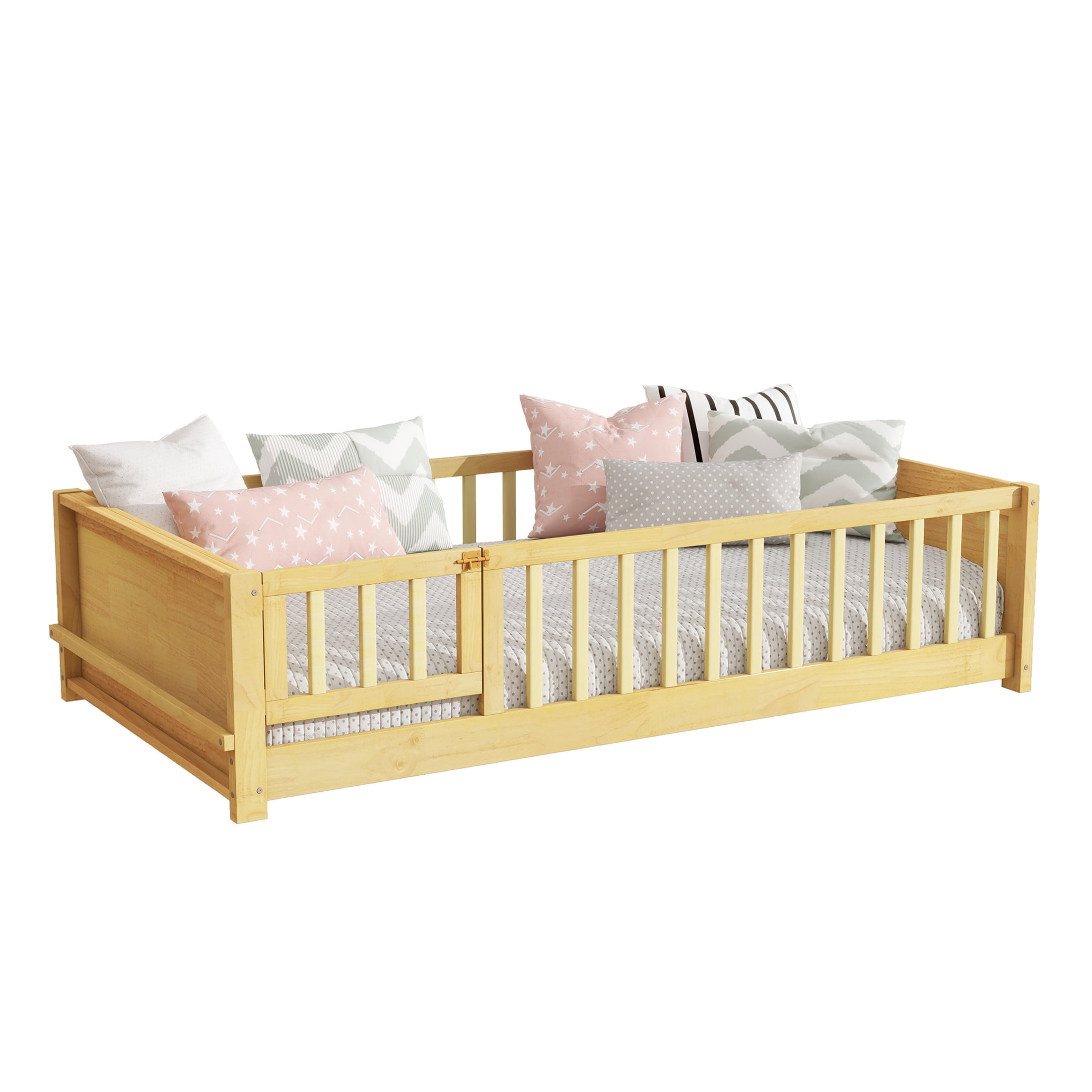 Noble House Devon Twin Floor Bed with Built-in Book Rack and Door, Sturdy Rubber Wood Montessori Bed with Fence, Natural