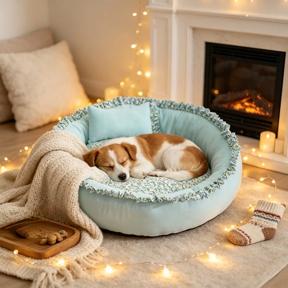 romoty All Season Round Pet Bed, Blue Medium 20 Inch Soft Floral Ruffled Plush Kitty Cushion Warm Dog Bed for Cats Small Dogs