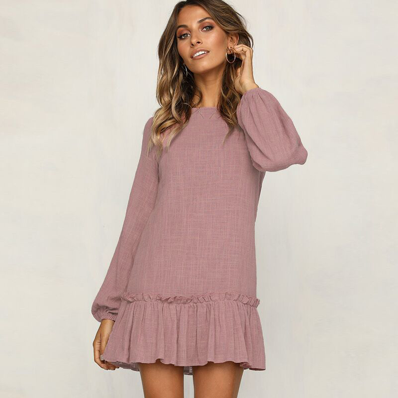 Women Casual Dress O-neck Lantern Long 