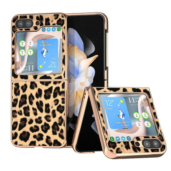 ELEHOLD Case for Samsung Galaxy Z Flip 5 2023, Slim Fashion Design Luxury Leopard Print PU Leather Plating TPU Shockproof Phone Case for Samsung Galaxy Z Flip 5 5G,Leopard