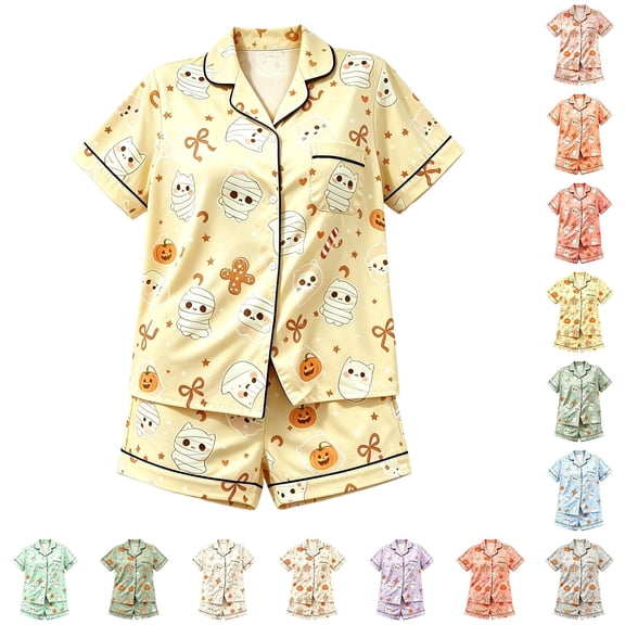 WhouRiu Girls Halloween Graphic Pajamas Flat Collar Short Sleeve Button Up Shirts And Shorts Pajama Set 2 Piece Kids Cozy Cute Sleepwear,7-8 Years